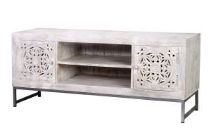 COMODA TV MYKONOS 130CM, REALIZATA DIN LEMN DE MANGO SI METAL, CULOARE ALB ANTICHIZAT, GINER Y COLOMER - Img 2