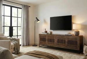 COMODA TV THAILANDA 200CM, REALIZATA DIN LEMN DE SALCAM SI METAL, CULOARE MARO, GINER Y COLOMER - Img 2
