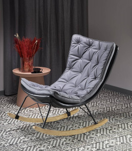 FOTOLIU BALANSOAR INDIGO, GRI/NEGRU/NATURAL, TAPITERIE DIN STOFA, PIELE ECO SI PICIOARE DIN METAL SI LEMN, STIL MODERN