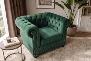 FOTOLIU CHESTERFIELD, REALIZAT DIN LEMN SI TEXTIL CATIFEA, CULOARE VERDE SMARALD, STIL CLASIC - Img 2
