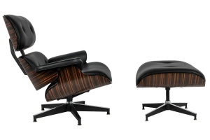 FOTOLIU CU TABURET LOUNGE , PIELE NATURALA ITALIANA SI LEMN DE FRASIN, CULOARE NEGRU/ABANOS, STIL EAMES