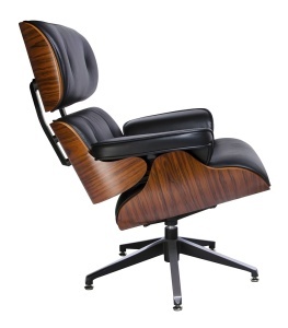 FOTOLIU LOUNGE PREMIUM, PIELE NATURALA ITALIANA SI LEMN DE FRASIN, CULOARE NEGRU/TRANDAFIR, STIL EAMES