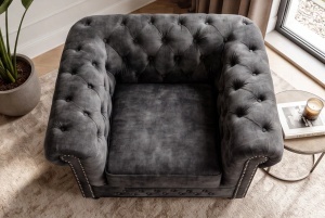 FOTOLIU STIL CHESTERFIELD, DIN LEMN SI TEXTIL FIN, CATIFEA, CULOARE GRI, INVICTA INTERIOR - Img 5