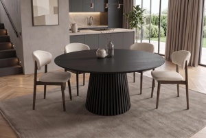 MASA DE DINING ROTUNDA VALHALLA 140CM, REALIZAT DIN LEMN DE STEJAR SI BLATUL DIN MDF SI FURNIR STEJAR, CULOARE NEAGRA - Img 3