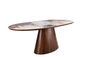 Masă de dining UNIQUE, extensibilă de la 160 la 200 cm, aspect lemn de nuc, blat ceramic cu aspect de piatră naturală - Img 5
