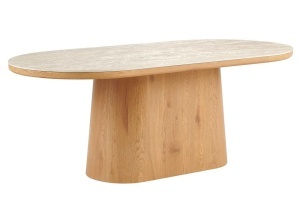 MASA DE DINING UNIQUE OVALA 200CM, REALIZATA DIN FURNIR DE LEMN SI BLAT DIN TRAVERTIN, DE CULOARE MARO/TRAVERTIN