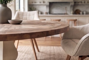 MASA DE SUFRAGERIE ROTUNDA HAMPTONS, 120CM, REALIZATA DIN LEMN DE PIN CONCORD, CULOARE MARO DESCHIS/CREM - Img 9