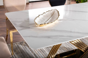 MASA DINING 160 CM, EFECT DE MARMURA ALBA/AURIU, BLAT DIN CERAMICA SI PICIOARE DIN METAL , STIL MODERN - Img 6