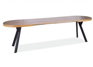 MASA DINING EXTENSIBILA, 140/272 CM, STEJAR/NEGRU, BLAT DIN FURNIR NATURAL SI PICIOARE DIN METAL, STIL MODERN - Img 6