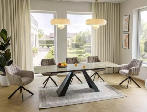 MASA DINING EXTENSIBILA, 160/240 CM, BEJ LUCIOS /NEGRU MAT, CONFECTIONATA DIN STICLA SECURIZATA, CERAMICA ONICE ORO SI METAL