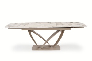 MASA DINING EXTENSIBILA BENJAMIN 160/240 CM, CULOARE BEJ/ CASMIR, BLAT DIN STICLA, CERAMICA SI PICIOARE DIN METAL, STIL MODERN - Img 1