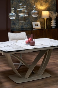 MASA DINING EXTENSIBILA BENJAMIN 160/240 CM, CULOARE BEJ/ CASMIR, BLAT DIN STICLA, CERAMICA SI PICIOARE DIN METAL, STIL MODERN - Img 11