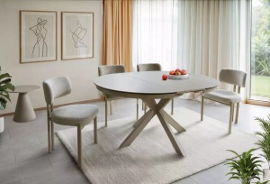 MASA DINING EXTENSIBILA CERAMIC, 120/160 CM, BEJ MAT/CASMIR, CONFECTIONATA DN METAL, CERAMICA TRAVERTIN SI STICLA SECURIZATA