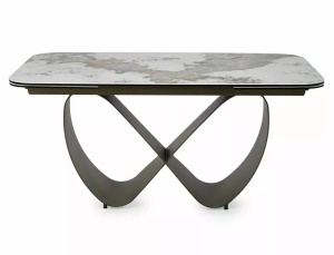 MASA DINING EXTENSIBILA INFINITY, 160/240 CM, EFECT DE MARMURA PANDORO/CUPRU, DIN CERAMICA, STICLA SI METAL, STIL MODERN - Img 3