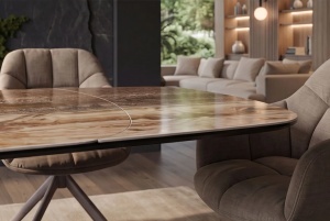 MASA DINING EXTENSIBILA INFINITY 180-220-260CM, REALIZATA DIN METAL SI BLAT DIN STICLA SI CERAMICA, CULOARE MARO/SAMPANIE - Img 8