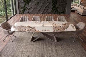 MASA DINING EXTENSIBILA INFINITY 180-220-260CM, REALIZATA DIN METAL SI BLAT DIN STICLA SI CERAMICA, CULOARE MARMURA/SAMPANIE - Img 4