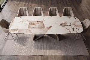 MASA DINING EXTENSIBILA INFINITY 180-220-260CM, REALIZATA DIN METAL SI BLAT DIN STICLA SI CERAMICA ITALIANA, CULOARE MARO-ALB/SAMPANIE - Img 2