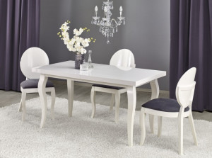 MASA DINING EXTENSIBILA MOZART, ALBA, 140/180 CM, BLAT DIN MDF SI PICIOARE DIN LEMN MASIV, STIL CLASIC
