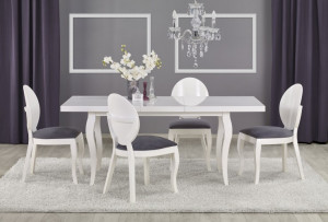 MASA DINING EXTENSIBILA MOZART, ALBA, 140/180 CM, BLAT DIN MDF SI PICIOARE DIN LEMN MASIV, STIL CLASIC - Img 3