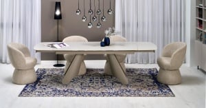 MASA DINING EXTENSIBILA SALIX, 180-260/90/76 cm, CASMIR, CONFECTIONATA DIN BLAT DE TRAVERTIN SI PICIOARE DIN OTEL INOXIDABIL, STIL MODERN - Img 1
