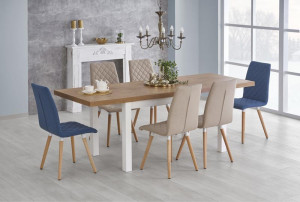 MASA DINING EXTENSIBILA STIL TIAGO, STEJAR LANCELOT/ALB, 140/220 CM, BLAT DIN PAL SI PICIOARE DIN LEMN MASIV, STIL CLASIC