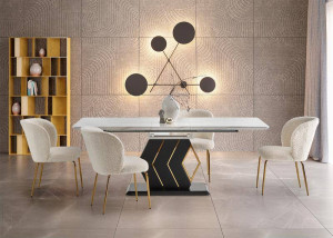 MASA DINING EXTENSIBILA STIL VINCENZO, ALB CU EFECT DE MARMURA/NEGRU/AURIU, 160/200 CM, DIN MDF LACUIT SI METAL, STIL MODERN