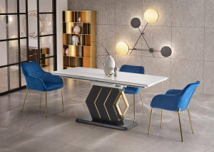 MASA DINING EXTENSIBILA STIL VINCENZO, ALB CU EFECT DE MARMURA/NEGRU/AURIU, 160/200 CM, DIN MDF LACUIT SI METAL, STIL MODERN - Img 2