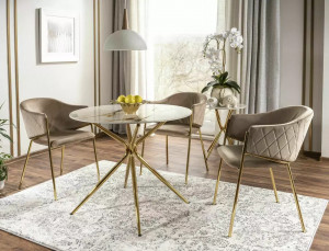 MASA DINING/LIVING AZALIA, EFECT DE MARMURA ALBA/AURIU, 90 CM, BLAT DIN CERAMICA SI PICIOARE DIN METAL, STIL MODERN