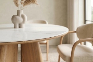MASA DINING ROTUNDA ORGANIKO 120CM, REALIZATA DIN MATERIAL LEMNOS, FURNIR SI BLAT CERAMIC, CULOARE MARMURA ALBA/STEJAR, INVICTA INTERIOR - Img 3