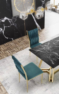 MASA DINING STIL KONAMI, CU EFECT DE MARMURA NEAGRA/AURIU, 160 CM, DIN STICLA SI METAL, STIL MODERN - Img 3