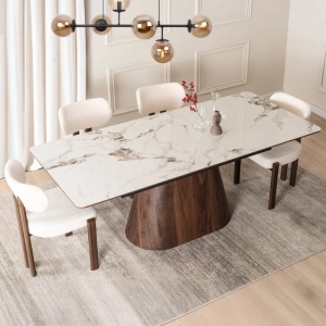 MASA EXTENSIBILA 160-200CM, ARTIM MEBLE, REALIZATA DIN METAL, LEMN SI MDF, MARMURA, CULOARE ALB/NUC, STIL MODERN - Img 5
