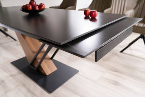 MASA EXTENSIBILA, 160/220 CM, EFECT DE MARMURA NEAGRA/STEJAR/NEGRU MAT, DIN CERAMICA, MDF SI METAL, STIL MODERN - Img 6