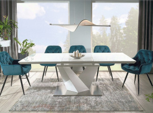 MASA EXTENSIBILA ALARAS III, ALB/CROM, 160/220 CM, DIN STICLA SECURIZATA, MDF SI METAL, STIL MODERN - Img 1