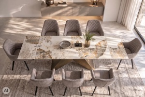 MASA EXTENSIBILA DINING DIAMOND 180/220/260CM, REALIZATA DIN METAL SI CERAMICA PANDORA, CU ASPECT DE MARMURA ALB/MARO SI CULOARE BRONZ - Img 3