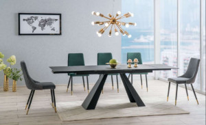 MASA EXTENSIBILA DINING, GRI/NEGRU MAT, 120/180 CM, DIN STICLA SECURIZATA, CERAMICA SPANIOLA SI METAL, STIL MODERN