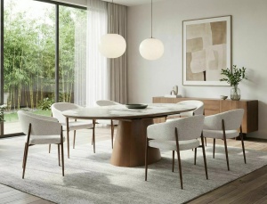 MASA EXTENSIBILA, MAROCCO 160/200CM, ALB LUCIOS/NUC, BLAT DIN MDF SI CERAMICA SI CADRUL DIN MDF SI FURNIR NATURAL, STIL MODERN - Img 8