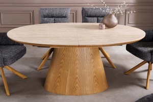 Masă extensibilă UNIQUE (160–200 cm) cu aspect de stejar și blat ceramic din travertin - Img 3