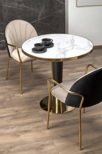 MASA LIVING MORATA, CU EFECT DE MARMURA ALBA/NEGRU/AURIU, 79 CM, BLAT DIN MDF SI PICIOR DIN METAL, STIL MODERN