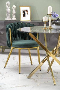 MASA LIVING RAYMOND 2, EFECT DE MARMURA NEAGRA/AURIU, 100 CM, BLAT DIN STICLA SI PICIOARE DIN METAL, STIL MODERN - Img 7