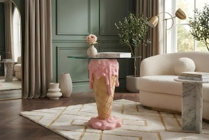 MASUTA DE CAFEA 50CM, ICE CREAM, REALIZAT DIN POLIRASINA SI STICLA, CULOARE ROZ/BEJ, REALIZAT MANUAL, ARTIM GROUP SELECTION