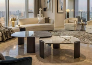 MASUTA DE CAFEA ADORO B, 105CM, ALB LUCIOS/CUPRU, BLAT DIN MDF, CERAMICA SI METAL, STIL MODERN - Img 2