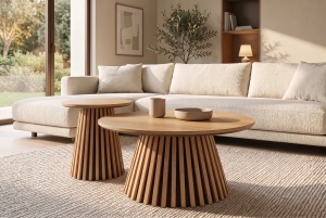 MASUTA DE CAFEA ROTUNDA VALHALLA 70CM, REALIZATA DIN LEMN DE STEJAR SI BLATUL DIN MDF SI FURNIR STEJAR, CULOARE NATUR - Img 3