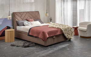 PAT DORMITOR CONTINENTAL 1, CU SPATIU DE DEPOZITARE, 160X200 CM, BEJ, DIN LEMN MASIV SI STOFA FINA, STIL MODERN