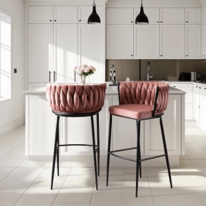 SCAUN BAR, ARTIM MEBLE, REALIZAT DIN CATIFEA SI METAL, CULOARE ROZ/NEGRU, STIL MODERN