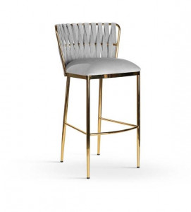 SCAUN DE BAR HORDIA, 60 CM, GRI/AURIU, TAPITERIE DIN CATIFEA SI PICIOARE DIN METAL, STIL MODERN