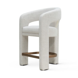 SCAUN DE BAR, MACAO M 60 CM, CREM/AURIU, TAPITERIE DIN TEXTIL, SPUMA, ARCURI, LEMN DE FAG SI METAL, STIL MODERN - Img 1