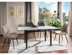 SCAUN DINING ARCO, BEJ 34/NEGRU MAT, TAPITERIE DIN STOFA BREGO SI PICIOARE DIN METAL, STIL MODERN - Img 2