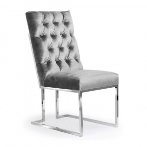 SCAUN DINING PAUL, GRI/CROM, TAPITERIE DIN CATIFEA SI PICIOARE DIN METAL, STIL MODERN