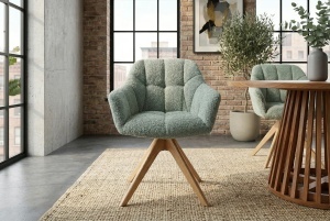 SET 2 SCAUNE ROTATIVE, PAPILLON, REALIZAT DIN MATERIAL TEXTIL BOUCLE SI PICIOARE DIN LEMN, CULOARE VERDE SALVIE, INVICTA INTERIOR - Img 6