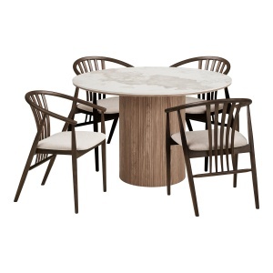SET MASA SI 4 SCAUNE, DIN LEMN, CERAMICA SI TEXTIL, CULOARE BEJ/MARO, HOUSE NORDIC